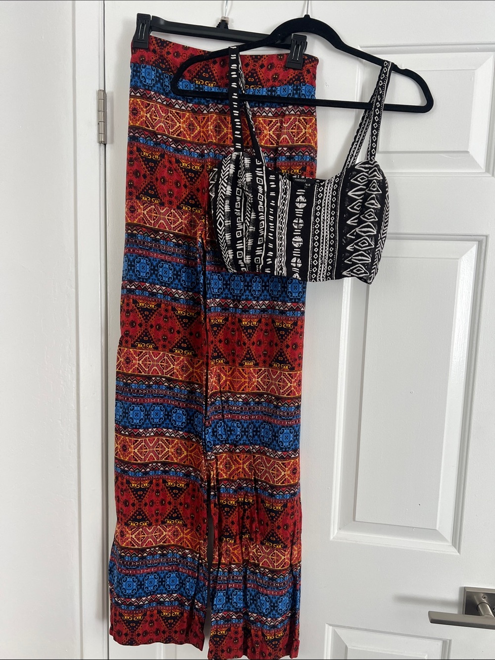 Boho Wide-Leg Printed Jumpsuit Pants with Contrast Crop Top
